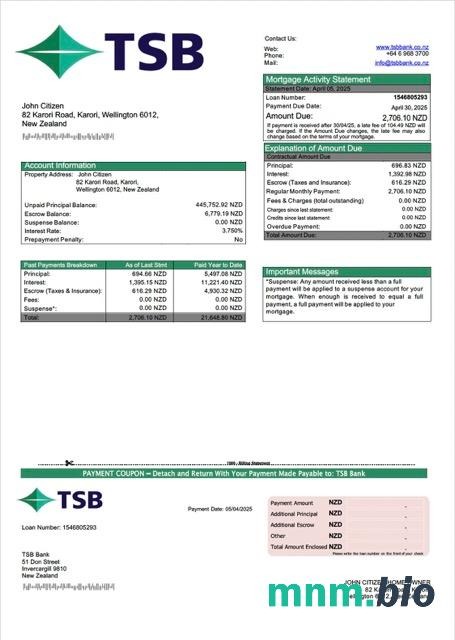 Nowa Zelandia TSB Bank wyciąg z kredytu hipotecznego szablon Word i PDF